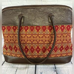 John Heaton Weekender Dark Chocolate Brown Leather Tapestry Boho Shoulder Purse
